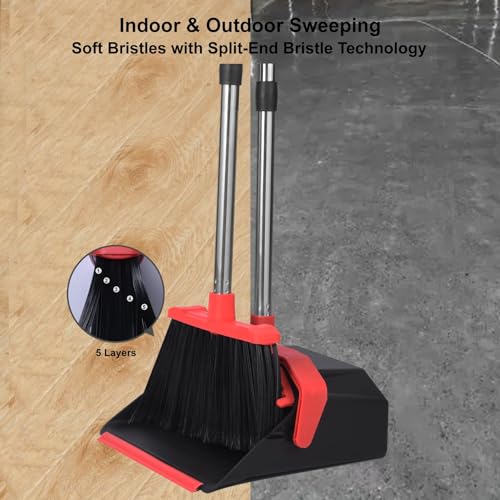 Tiumso Upgrade Broom and Dustpan Set with 51'' Long Handle, Large Upright Brooms and Dust Pans, ZeroGap Lip, Self-Cleaning Dustpan Teeth for Lobby Kitchen Office Restaurant - Blue