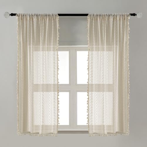 WAZZIO Boho Crochet Semi-Sheer Curtains - 108 Inch Long, 2 Panel Sets - Farmhouse Vintage Geometry Knitted Lace Beige Drapes with Retro Tassel for Living Room & Bedroom