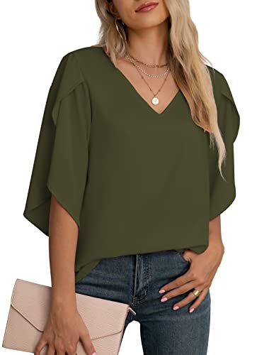 Jouica Womens Blouses Summer Elegant Chiffon Light Blouse 3/4 Sleeve Blouses Loose Casual Shirt for Women,Flower Navy Blue2,Small