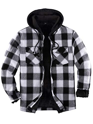 ZENTHACE Hooded Flannel Jacket with Hood Men Sherpa Fleece Lined Full Zip Up Flannel Hoodie Shirt Jacket Coat Fall Navy/White S