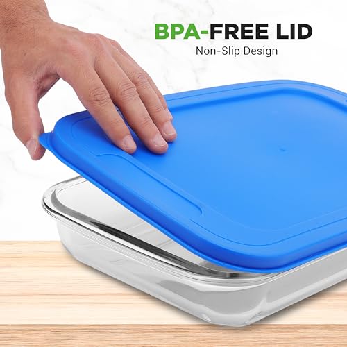 NutriChef 8-Piece Glass Baking Dish Set with Lids – Stackable Rectangular Bakeware for Lasagna, Casserole, Meatloaf, Leftovers & Storages– Oven, Freezer & Dishwasher Safe, BPA Free lid (Blue)