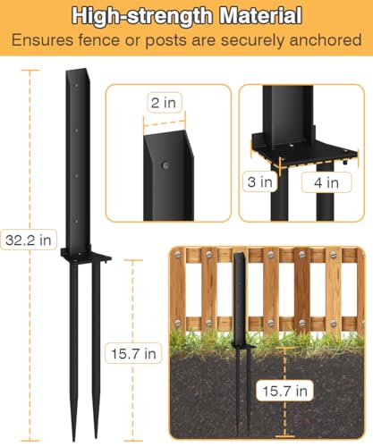 Mokeyder Fence Post Anchor Kit, Heavy Duty Metal Steel Fence Post Repair Kit, Fence Post Anchor Stakes Ground Spike for Repairing Tilted/Broken Wood Fence Post, Metal-Plate Style, 1 Pack