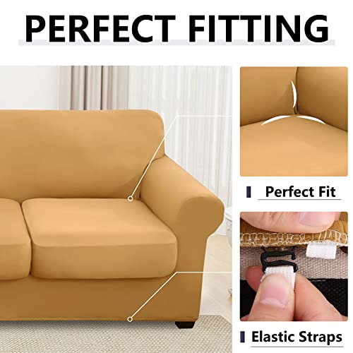 hyha 3 Pieces Couch Covers for 2 Cushion Couch, Love Seat Couch Covers, Sofa Covers Washable Stretch Loveseat Sofa Slipcover, Loveseat Covers with Elastic Straps (Loveseat, Camel)
