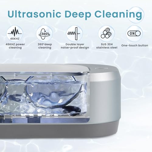 Ultrasonic Jewelry Cleaner, Professional Sonic Eyeglasses Cleaning Machine for Watches, Diamond Rings, Earring, Denture, Retainer, Invisalign, ATCKIT 46KHz 350ml Multipurpose Cleaner, Grey