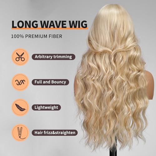 KOME Ombre Ash Blonde Wigs with Bangs,Grey Blonde Long Wavy Wig for Women,Long Curly Synthetic Hair Wig for Party Daily Use 26IN