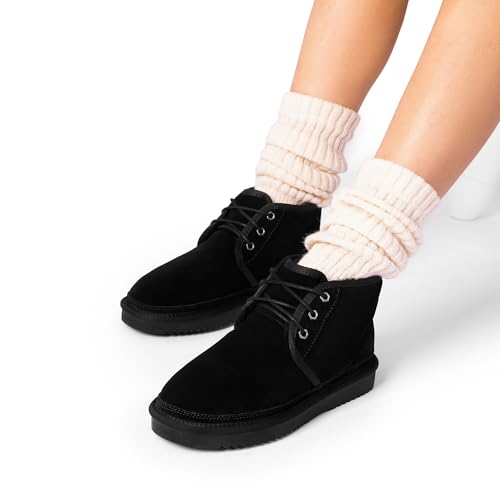 DREAM PAIRS Women's Ankle Winter Boots Genuine Suede Leather Faux Fur Lace Up Snow Warm Comfort Cozy Short Booties FuzzyGo Women's Cozy,Size 5,Black,SDSB2406W