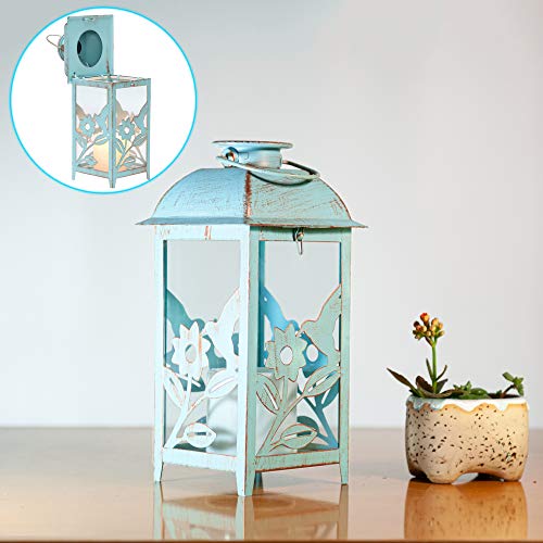 Solar Lantern Outdoor Hummingbird Blue Decor Antique Metal and Glass Construction Mission Solar Garden Lantern Indoor and Outdoor Solar Hanging Lantern Entirely Solar Powered Lantern Low Maintenance