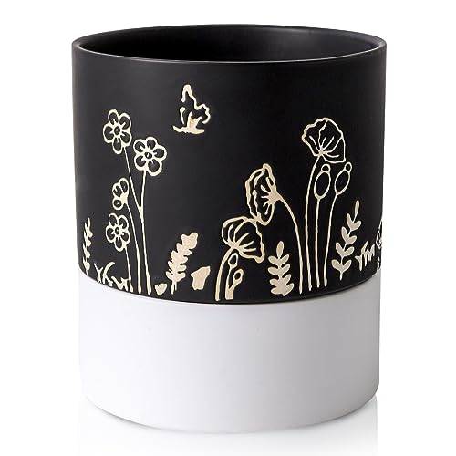 Nihow Self Watering Plant Pot: 6 Inch Ceramic Planter with Drainage Hole & Water Storage Plus for Indoor & Outdoor Plants - Cylinder Round Flower Pot for Succulent/Herbs/Violets -Black