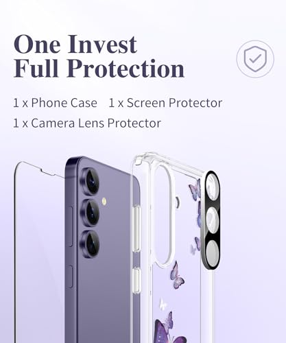 GVIEWIN for Samsung Galaxy S24 Plus Case with Screen Protector+Camera Lens Protector, Clear Stylish Floral Pattern Slim Protective S24+ Plus Cover for Women 6.7" (Twinkle Clear)