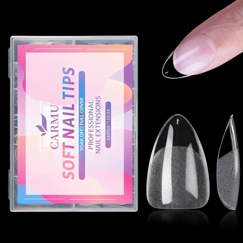 Carmu Short Almond Gel Nail Tips, 240pcs Soft Acrylic Nail Tips Half Matte Pre-shape Full Cover False Nail Tips Press on Almond Nails Tips Set for Nail Extension Nail Salon DIY Ideal Gifts 12 Sizes