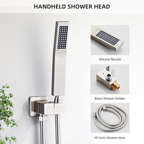 LCEVCGK Shower System with Tub Spout, Shower Faucet Set Complete Wall Mounted for Bathroom with 10 Inch Rainfall Shower Head and Handheld Rain Shower Mixer Combo Kit, Brushed Nickel