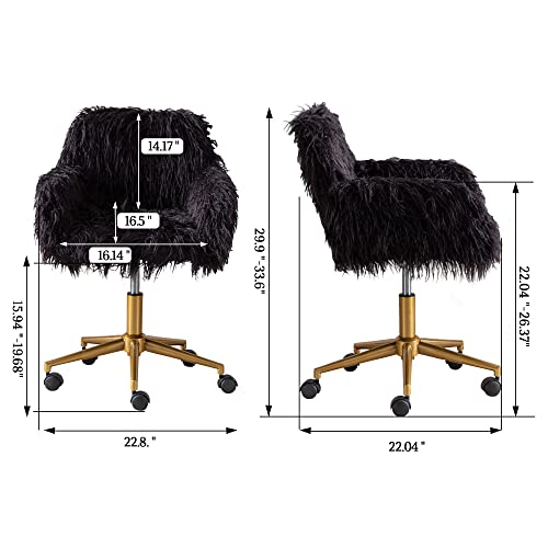 HomVent Fluffy Desk Chair Pink Faux Fur Vanity Chair Adjustable Swivel Computer Chair on Wheels Height Adjustable Cute Desk Chair for Makeup Room Teen Girls Bedroom Home Office (Black 2 A)