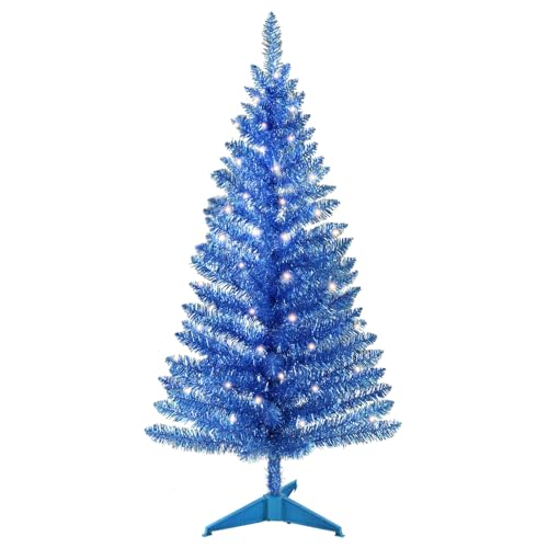 4ft Lighted Artificial Blue Christmas Tree | Leeheeyee Small Xmas Tree, Not Pre-lit Blue Tinsel Pine Trees with Lights, Ideal for Home, Office, and Xmas Party Décor