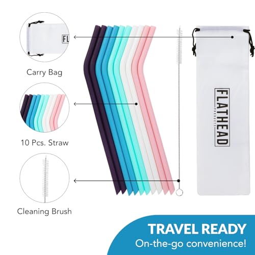 Flathead Products Bent Silicone Straws Reusable and Cleaning Brush - Flexible, Long Bendy Straws for 20 ounce-32 Ounce Tumblers & 30 Ounce Smoothie Cups - Dishwasher Safe & Easy to Clean (Set of 10)