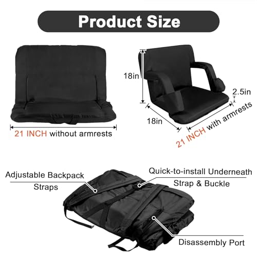 Stadium Seats for Bleachers with Back Support and Thick Padded Cushion,18" Extra Wide Portable Reclining Folding Chair with Optional Arms, 4 Pockets and Shoulder Straps,Big Size,Black,2PCS