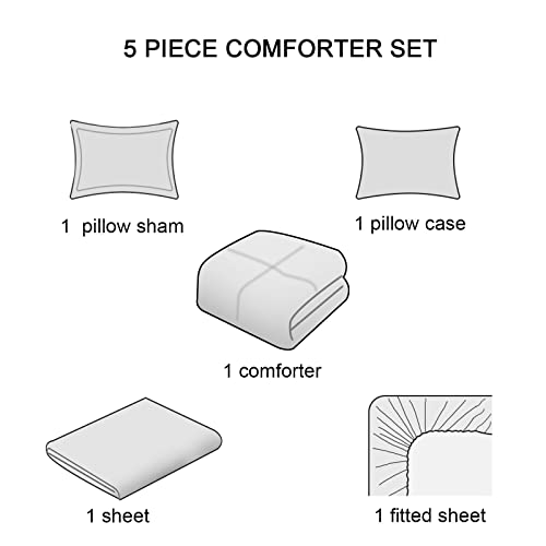 PHF 5 Pieces Twin Comforter Set Black, Bed in a Bag Comforter & 18" Sheet Set All Season, Ultra Soft Noiseless Bedding Sets with Comforter, Sheets, Pillowcase & Sham