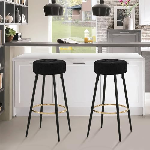 Furnimart 30 inches Modern Round Bar Stools Set of 2, Upholstered Dining Chair Stool with Gold Footrest for Kitchen Island Coffee Pub Shop Bar Height (Velvet-Black)