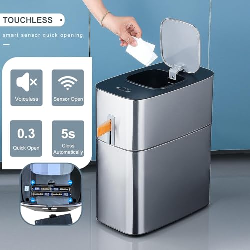 MOPUP Touchless Bathroom Trash Can, 4 Gallon Narrow Metal Automatic Privacy Garbage Can with Motion Sensor and Waterproof Design for Bedroom, Office, Toilet.Stainless Steel Dog-Proof Trash Bin.