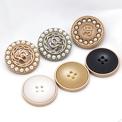 5 PCS Gold Metal Round Pearl Buttons for Clothing Women Coat Garment Buttons for Handmade Sewing Crafts (#10, 15mm)