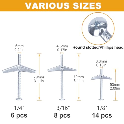KURUI 28Pcs Heavy Duty Hollow Wall Anchors for Drywall Ceiling, Toggle Bolts and Wing Nut Kit, Metal Drywall Anchors and Screws Assortment Set, 3 Sizes Butterfly Anchors (1/8in, 3/16in, 1/4in)