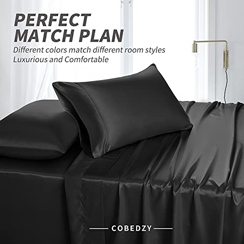 Cobedzy 4 Piece White Satin Sheets Queen Size, Soft Silky Bed Sheets Queen Set, Luxury Bed Sheet Set with 1 Deep Pocket Fitted Sheet 1 Flat Sheet 2 Satin Pillowcases