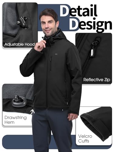 33,000ft Men's Softshell Jacket with Hood Fleece Lined Windbreaker Lightweight Waterproof Jackets for Hiking