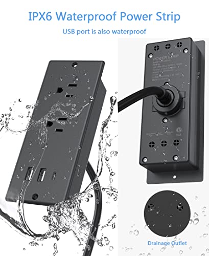 Conference Recessed Power Strip Waterproof, with PD 20W USB C Fast Charging Port,2 Outlets,Furniture Recessed Power Outlet,Desk Power Strip Surge Protector,Drawer Outlet,Flat Plug,6ft Cable (Black)
