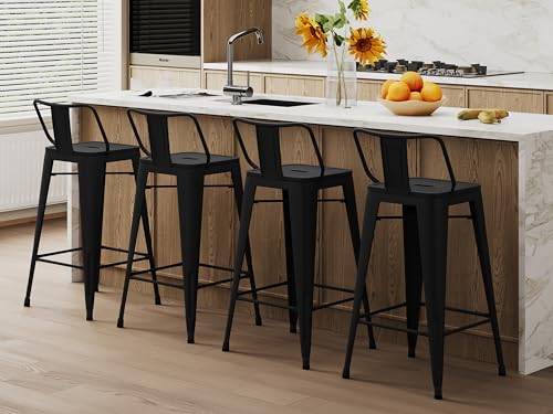Changjie Furniture Industrial Metal Bar Stools with Backs Set of 4, Counter Height Barstools for Home Kitchen, Durable and Stylish Bar Stools Set (24 inch, Matte Black)