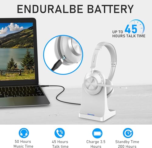 Jamrissen Wireless Headset, Bluetooth Headset with Microphone Noise Cancelling, 45+Hrs Talktime Bluetooth Headset with Mic Mute & USB Dongle for PC/Computer/Laptop/Cell Phones/Remote Work/Call Center