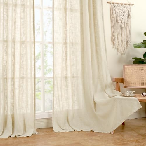 LAMIT Grey Linen Curtains 95 inch for Living Room, Semi Sheer Light Filtering Boho Window Textured Burlap Drapes with Bronze Grommet for Bedroom Farmhouse, 2 Panels Set, 52 x 95 Inch