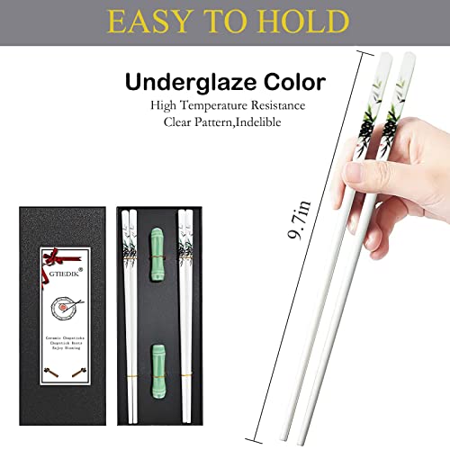 Porcelain Chopsticks and Porcelain Holder,2 Pairs Reusable Chopsticks with Delicate box, Washable and Dishwasher Safe, Ceramic Chopsticks Chinese Japanese Korean Classic Stylish(Green Bamboo)