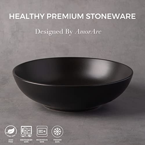 AmorArc 8.75‘’ Large Pasta Bowls, 42 ounce Deep Stoneware Bowls Set of 4 for Kitchen, Wide Bowl for Pasta/Salad/Fruit/Oatmeal/Soup, Microwave&Dishwasher Safe-Matte Black