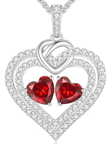 LOUISA SECRET Sparkling Double Heart Birthstone Necklaces for Women, 925 Sterling Silver Fine Jewelry, Pendant Heart Necklaces Birthday Anniversary Christmas Gift for Women Wife Mom Girlfriend Lady