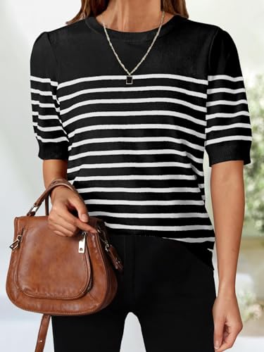ZESICA Women's Casual Striped Tops Short Sleeve Crew Neck Ribbed Knit T Shirts Comfy Loose Basic Pullover Sweater,Black,Small