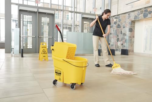 Rubbermaid Commercial Products WaveBrake 26 Qt. Side-Press Mop Bucket and Wringer Combo on Wheels, Yellow, for Professional/Industrial/Business Heavy-Duty Floor Cleaning/Mopping