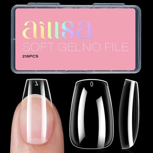 AILLSA Short Coffin Nails Clear Full Cover Nail Tips Medium Soft Gel Fake Nail Tips for DIY Press on Nail Extension, 216PCS 12 Sizes False Acrylic Preshaped Gelly Nail Tips for Women