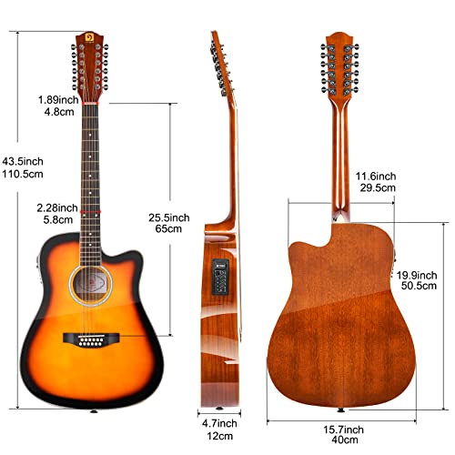 Vangoa 12 String Guitar Acoustic Electric Full Size, Upgraded Guitar 12 Strings Bundle for Beginner Intermediate Adults Teens, Guitarra de 12 Cuerdas, Sapele Body Bone Nut,Sunburst Glossy
