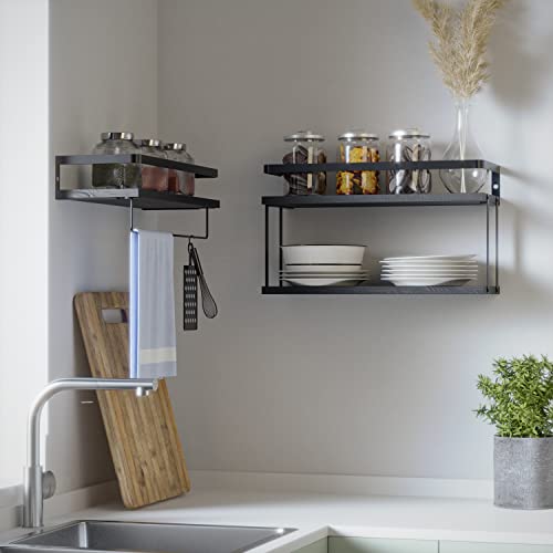 RICHER HOUSE Dual-Level Guardrail Floating Shelves, Rustic Wood Bathroom Shelf Wall Mounted, Over Toilet Paper Storage Shelves for Bathroom Wall Decor, Bathroom Organizers and Kitchen Storage - Black