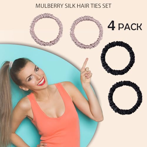 SEMRUE 22 Momme Pure Mulberry Silk Scrunchies, Silk Hair Ties Elastics for Hair Sleep, Hair Care and No Damage, 4 PCS (Black*2+Lotus Pink*2)