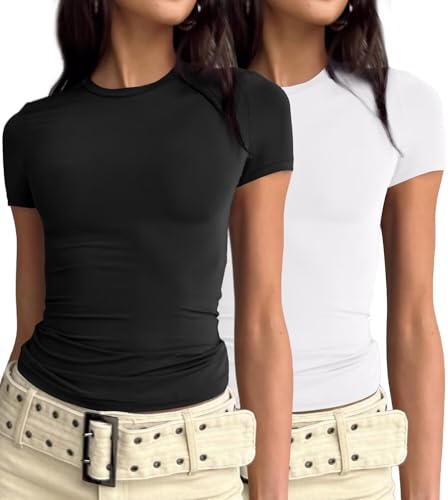 Dressmine 2 pcs Crop Tops for Women Baby T Shirt Summer Basic Tight Shirts Cropped Tee Black White Small