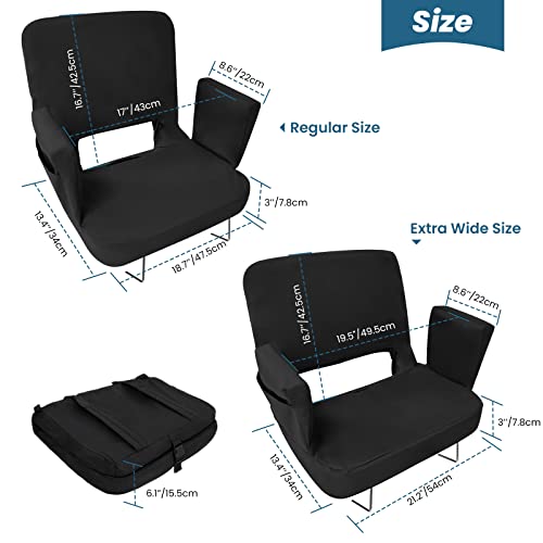 TOPSKY Stadium Seat with Back Support, Extra Wide 21.2”Width (Seat 19.5”), 3 Reclining Positions, Wide Bleacher Seats with 2 Hook, Picnic Seat (2pcs Black)