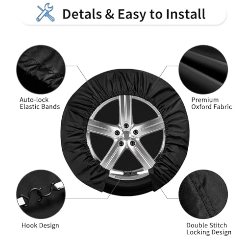 OutdoorLines Waterproof Spare Tire Covers Set of 4, UV-Proof Wheel Covers Windproof Tire Protector for RV, Jeep, Trailers, Camper, Van and Truck, Universal Fits Diameters 19"-22", Black