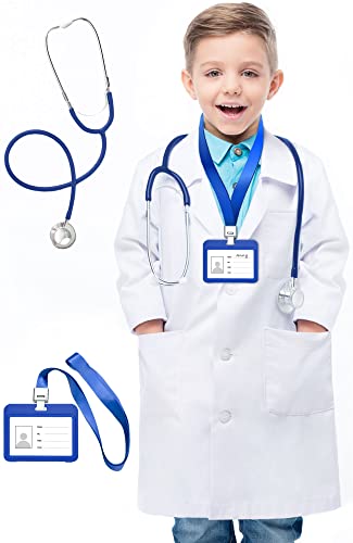 HTVYYDS White Lab Coat for Kids, Doctor Coat with Working Stethoscope and ID Card,Doctor Scientist Costume for Boy Girls