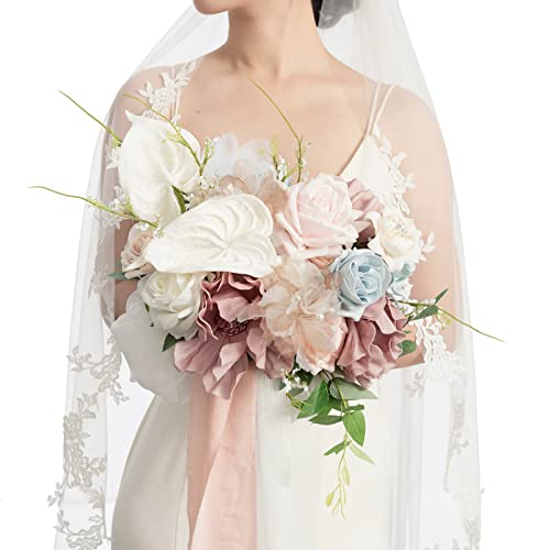 Ling's Moment Dusty Rose Bridal Bouquet for Bride, Blush Pink Wedding Bouquets for Bride, 13 Inch Silk Round Artificial Wedding Flowers Bouquets