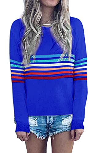 ECOWISH Women's Sweater Colorful Striped Sweaters Long Sleeve Crew Neck Casual Pullover Knit Blouse Tops 207 White Orange X-Large