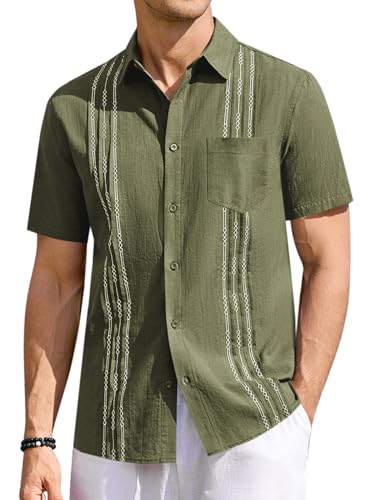 Runcati Mens Linen Shirt Guayabera Cuban Short Sleeve Button Down Summer Beach Hippie Shirts Beige