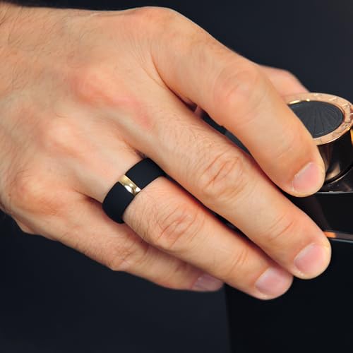 Rinfit Silicone Wedding Band Men - Classic Rounded Rubber Ring with Stainless Steel Metal Line - MetalBar Design Patent Pending - Black/Gunmetal Gray, Size 7.5-8