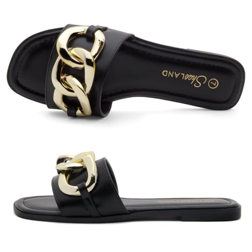 Shoe Land Women's Flat Sandals - Square Open Toe Single Band Fashion Slides with Metal Chain Dressy 2025 Trendy | Comfortable Slippers with Cushioned Footbed for Summer, Black, Size 6.0, Emma