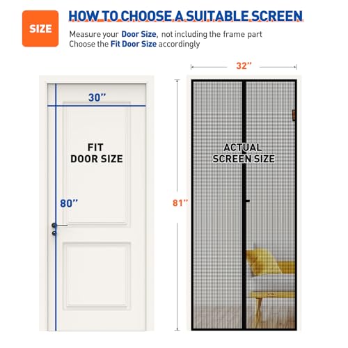 MAGZO Magnetic Screen Door Fit Door Size 40 x 96 Inch, Screen Size 42" x 97" Fiberglass Door Mesh with Full Frame Hook&Loop Heavy Duty-Black