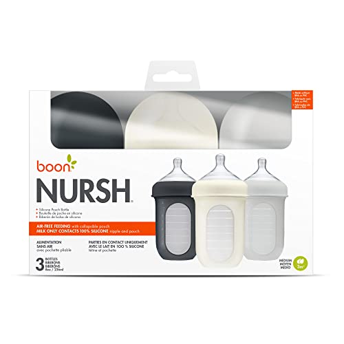 Boon Nursh Reusable Silicone Baby Bottles with Collapsible Silicone Pouch Design - Everyday Baby Essentials - Stage 2 Medium Flow Baby Bottles - Gray - 8 Oz - 3 Count